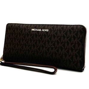Michael Kors Large Jet Set Travel Continental Wallet Wristlet Brown Signature